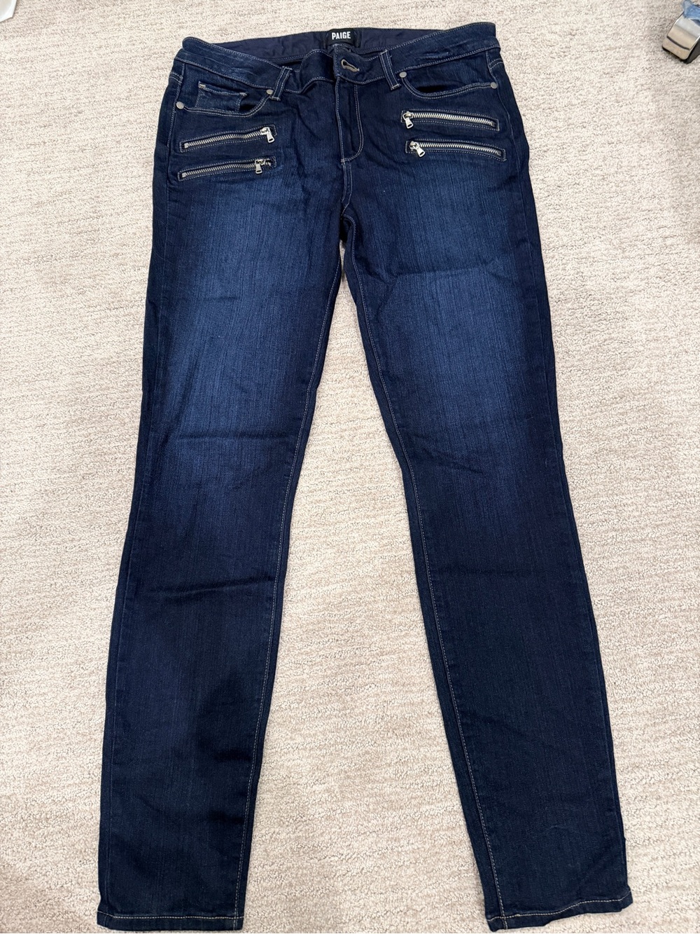 PAIGE Dark Blue Skinny Jeans with Moto Zipper Detail